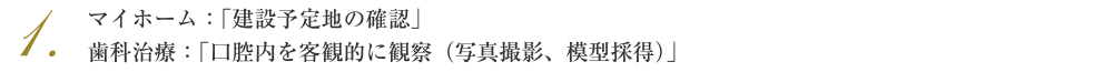 マイホーム：「建設予定地の確認」歯科治療：「口腔内を客観的に観察（写真撮影、模型採得）」