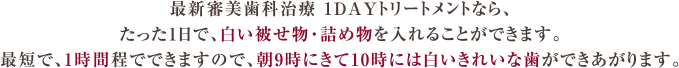 最新審美歯科治療１Dayトリートメント！たった一日、最短１時間できれいな白い歯に！